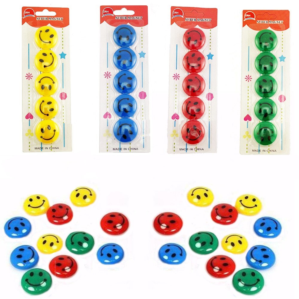 Set 5 magneti pentru tabla magnetica, Smiley Face, diametru 3 cm, diverse culori Albastru - imagine 10